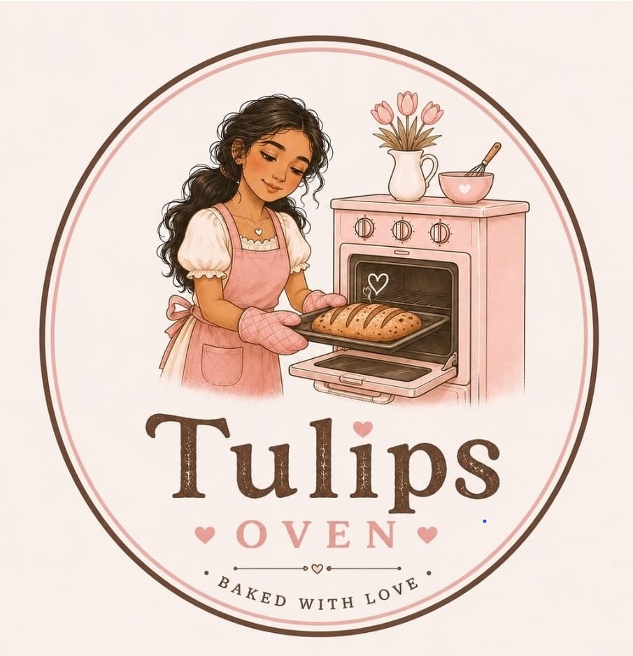 Tulip's Oven logo: an illustrated girl in a pink apron taking a tray of bakes out of her pink oven